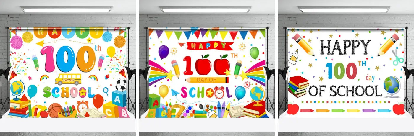 Happy 100th Day Cartoon Pen Back To School Backdrop - Aperturee