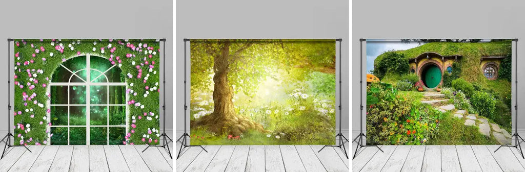 Green Tree White Flower Grass Spring Photo Backdrop - Aperturee