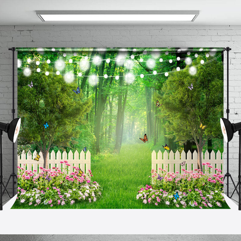 Aperturee - Aperturee Greenery Pink Floral Fence Forest Room Set Backdrop