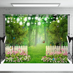 Aperturee - Aperturee Greenery Pink Floral Fence Forest Room Set Backdrop