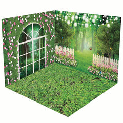 Aperturee - Aperturee Greenery Pink Floral Fence Forest Room Set Backdrop