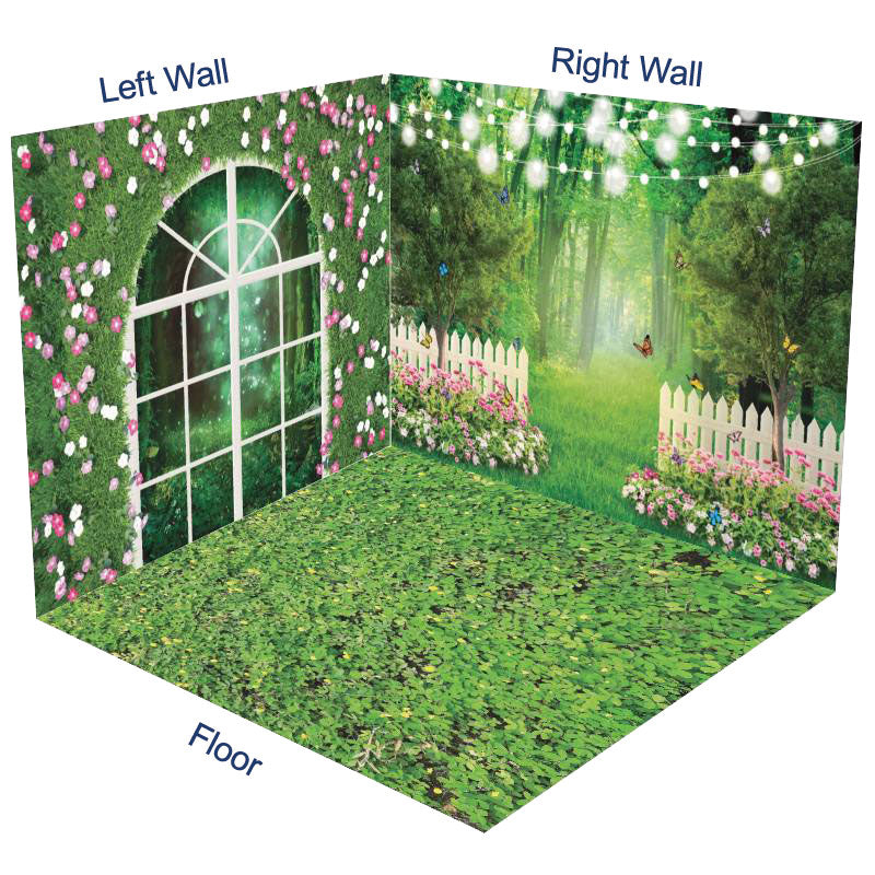 Aperturee - Aperturee Greenery Pink Floral Fence Forest Room Set Backdrop