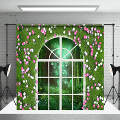 Aperturee - Aperturee Greenery Pink Floral Fence Forest Room Set Backdrop