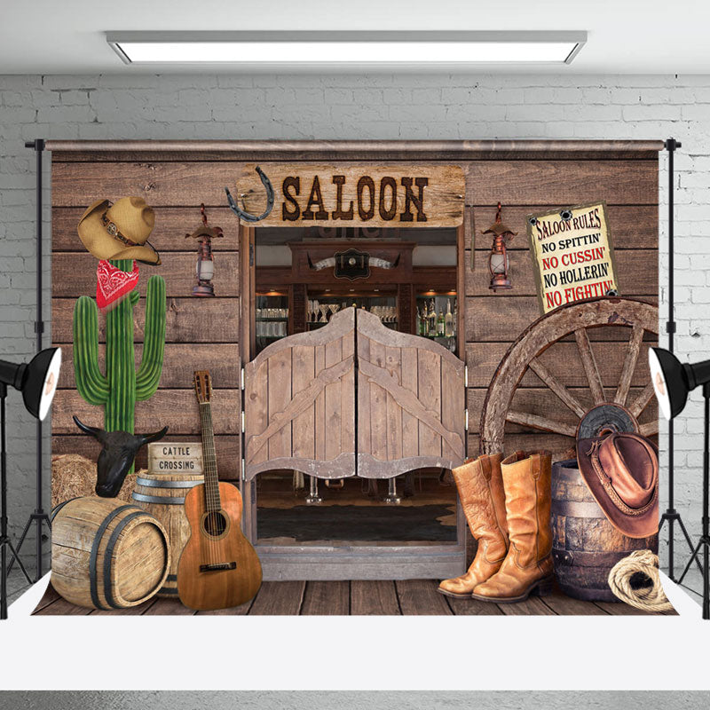 Aperturee - Aperturee Western Cowboy Saloon Wooden House Room Set Backdrop