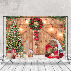 Aperturee - Aperturee Wooden Door Pine Trees Gift Christmas Photo Backdrop