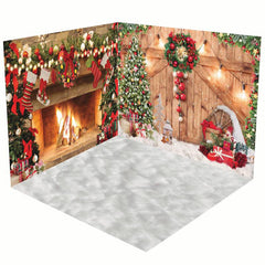 Aperturee - Aperturee Snowy Wood Door Fireplace Christmas Room Set Backdrop