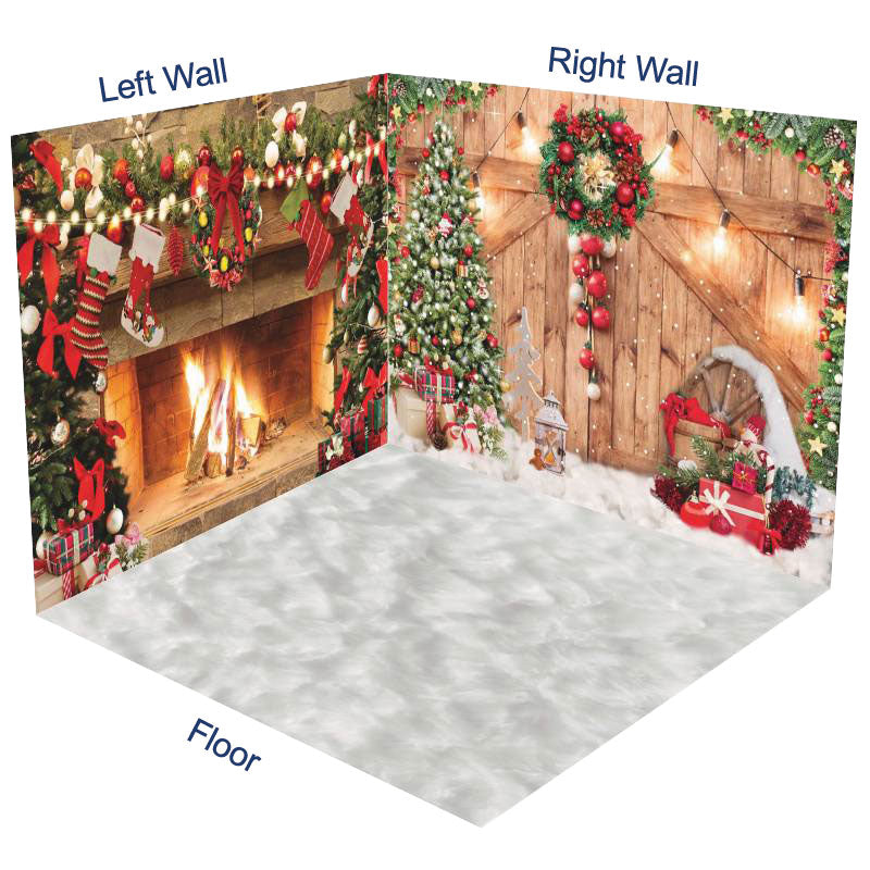 Aperturee - Aperturee Snowy Wood Door Fireplace Christmas Room Set Backdrop