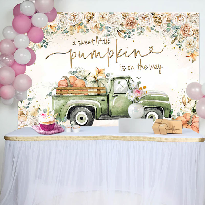 Aperturee - Floral Sweet Pumpkin Green Car Baby Shower Backdrop