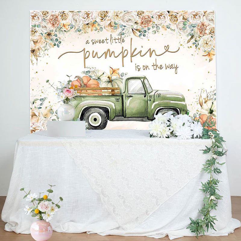 Aperturee - Floral Sweet Pumpkin Green Car Baby Shower Backdrop