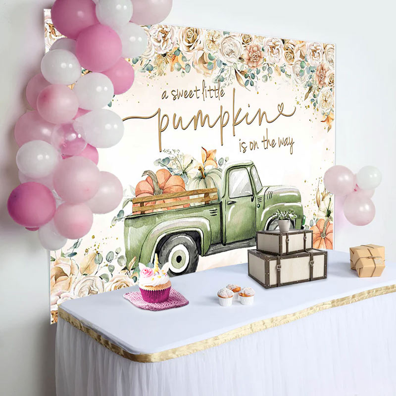 Aperturee - Floral Sweet Pumpkin Green Car Baby Shower Backdrop