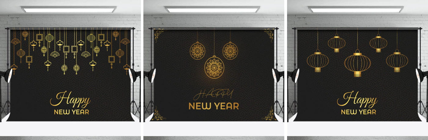 Aperturee Golden Hanging Dec Black Happy New Year Backdrop - Aperturee