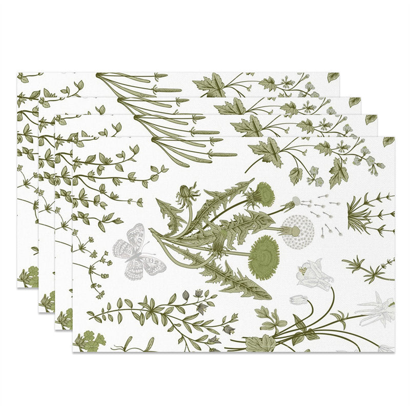 Aperturee - White Flowers Leaves Butterfly Set Of 4 Placemats