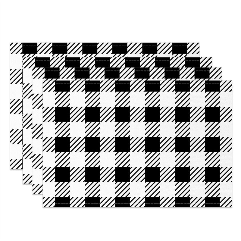 Aperturee - Black White Checkred Plaid Lines Set Of 4 Placemats