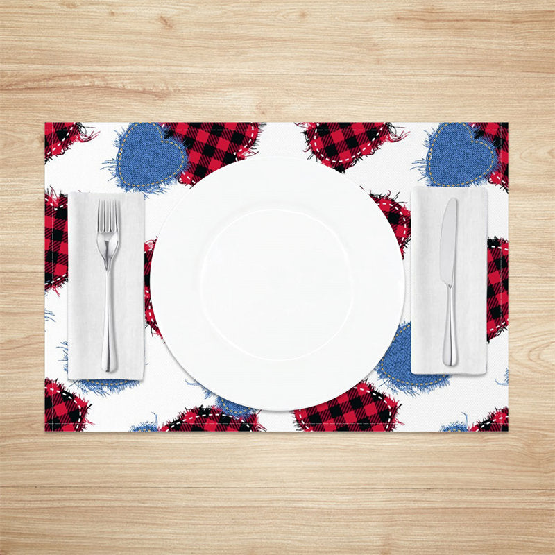 Aperturee - Blue Red Black Plaid Denim Heart Set Of 4 Placemats