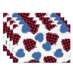 Aperturee - Blue Red Black Plaid Denim Heart Set Of 4 Placemats