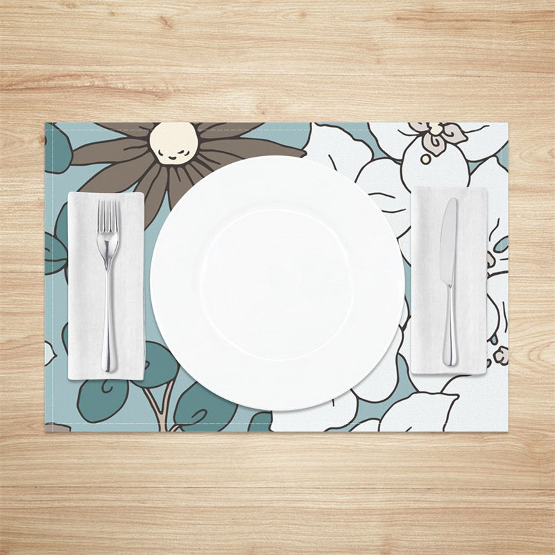 Aperturee - Cyan Brown White Flowers Modern Set Of 4 Placemats