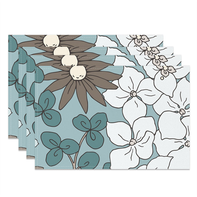 Aperturee - Cyan Brown White Flowers Modern Set Of 4 Placemats