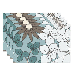 Aperturee - Cyan Brown White Flowers Modern Set Of 4 Placemats