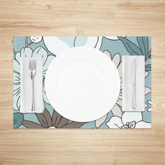 Aperturee - Cyan Brown Beige Flowers Dining Set Of 4 Placemats