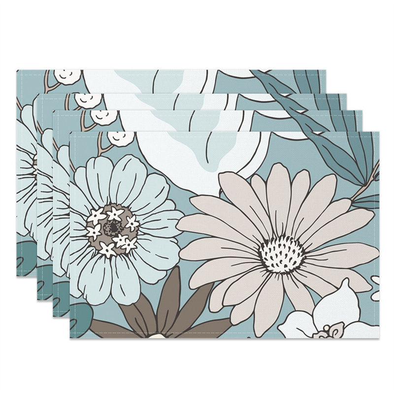 Aperturee - Cyan Brown Beige Flowers Dining Set Of 4 Placemats