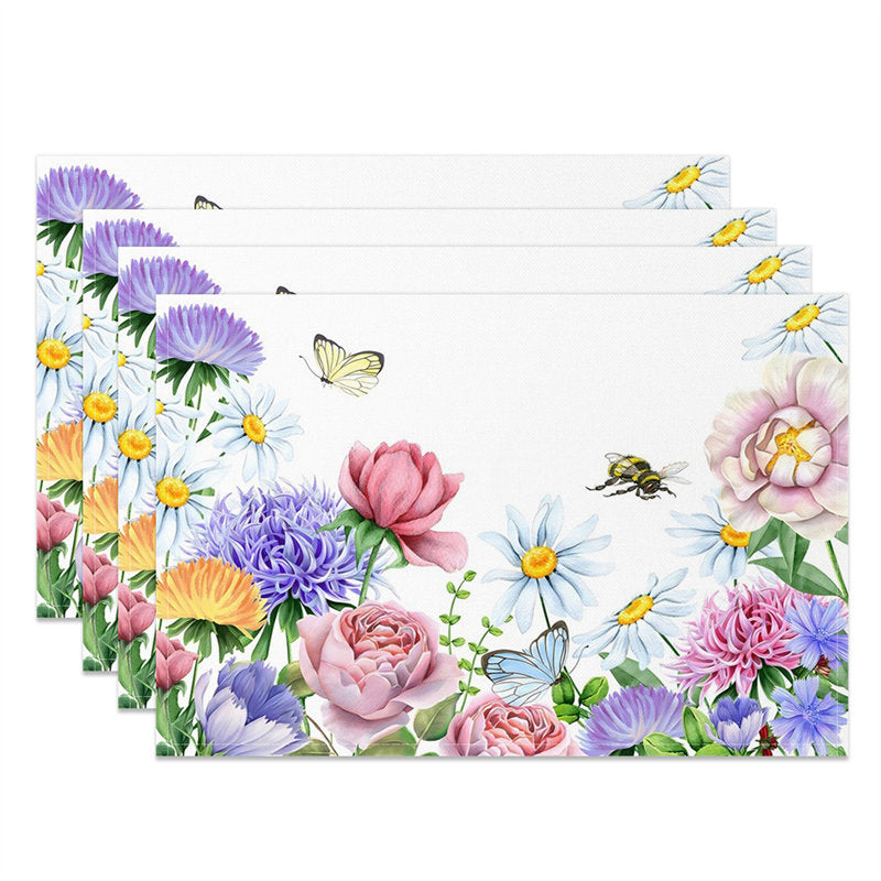 Aperturee - Spring Bloom Flowers Bee Dining Set Of 4 Placemats