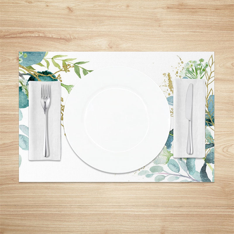 Aperturee - Golden Green Floral Leaves Dining Set Of 4 Placemats