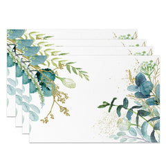 Aperturee - Golden Green Floral Leaves Dining Set Of 4 Placemats