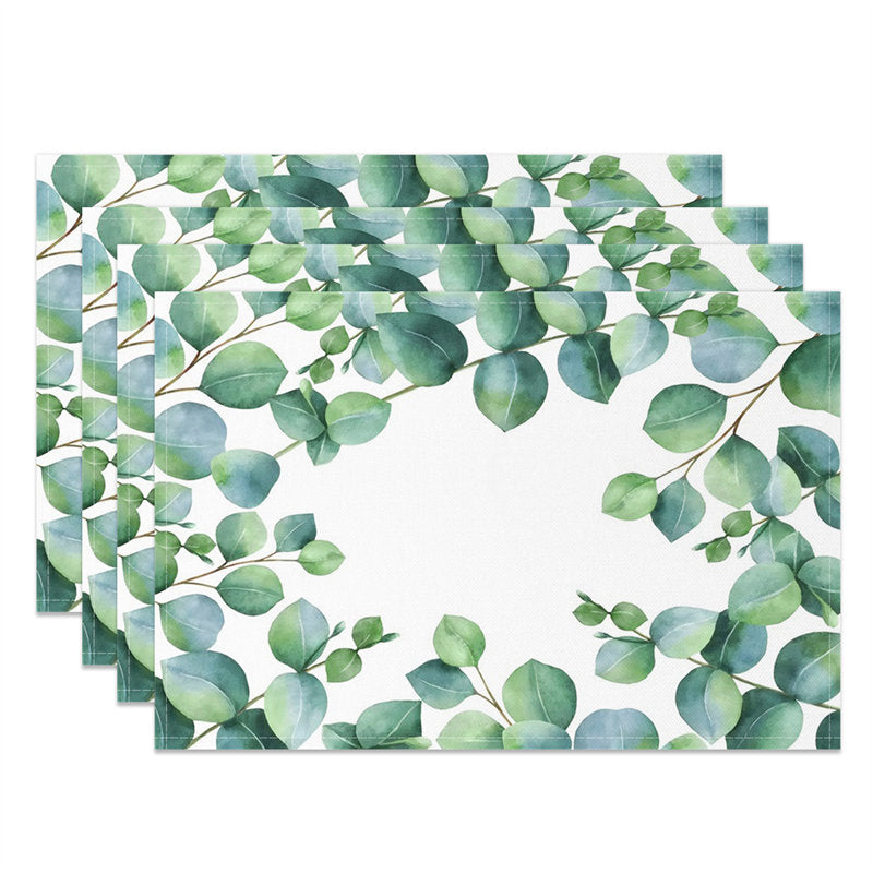 Aperturee - Green Leaves Spring Set Of 4 Placemats For Dining