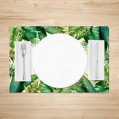 Aperturee - Beige Green Fresh Tropical Leaves Set Of 4 Placemats