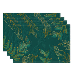 Aperturee - Golden Dark Green Leaves Dining Set Of 4 Placemats