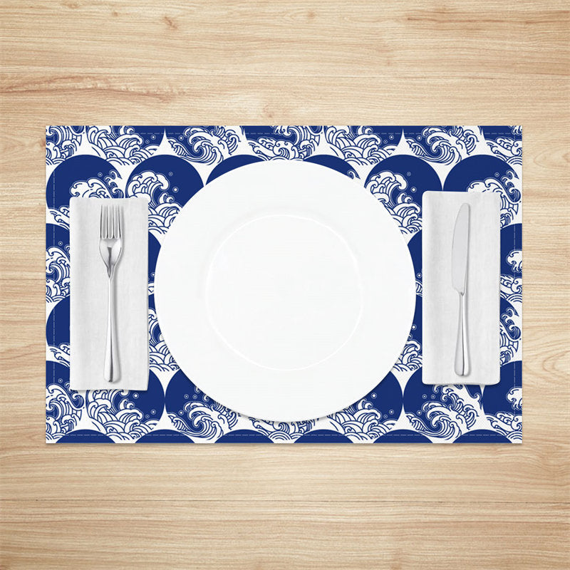 Aperturee - Blue White Circle Wave Repeat Set Of 4 Placemats