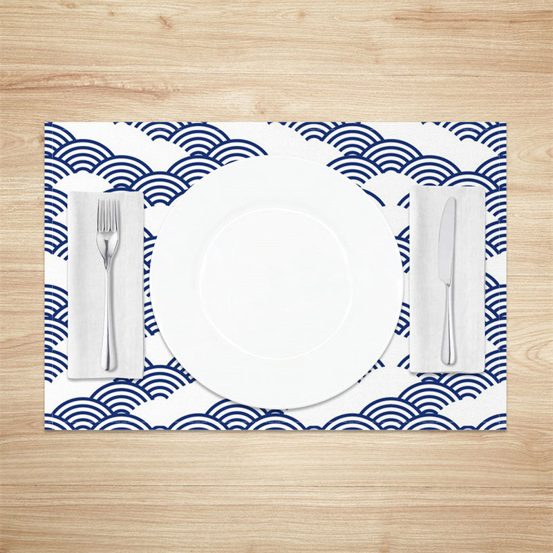 Aperturee - White Blue Wavy Pattern Modern Set Of 4 Placemats