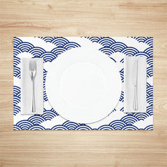 Aperturee - White Blue Wavy Pattern Modern Set Of 4 Placemats