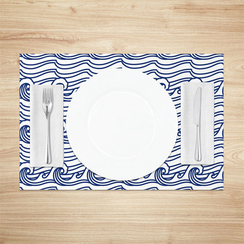 Aperturee - Blue Wavy Pattern Lines Artistic Set Of 4 Placemats