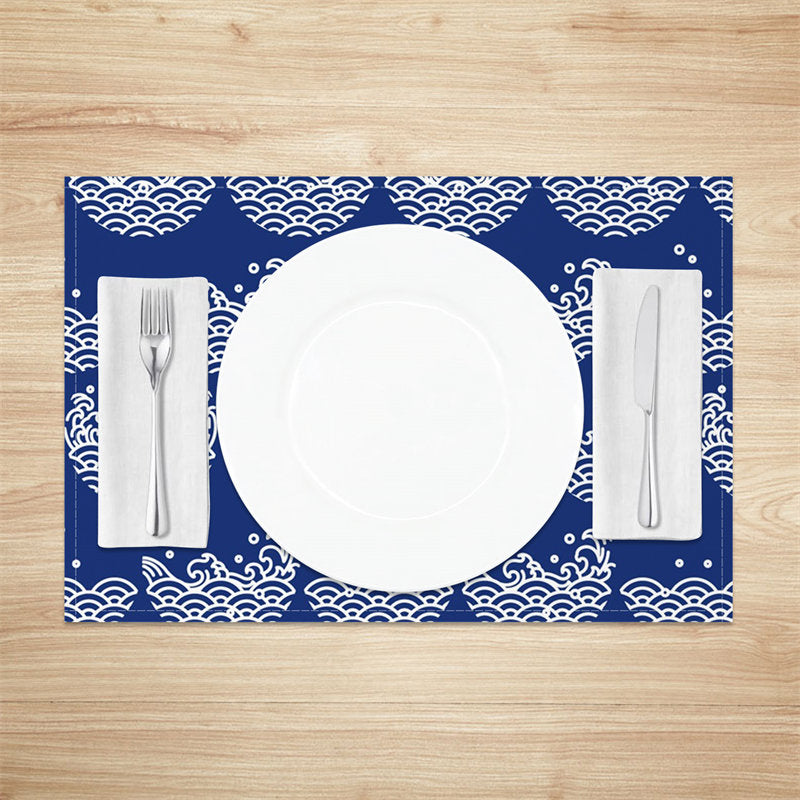 Aperturee - Wavy Line Dot Blue White Dining Set Of 4 Placemats