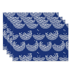 Aperturee - Wavy Line Dot Blue White Dining Set Of 4 Placemats