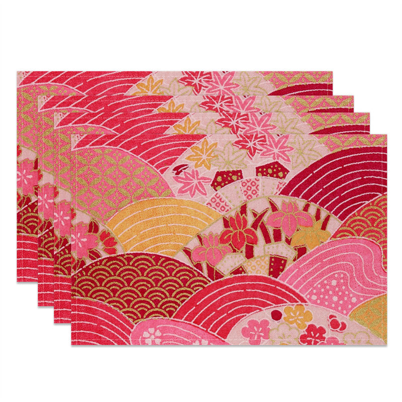 Aperturee - Pink Yellow Lines Flower Coins Set Of 4 Placemats