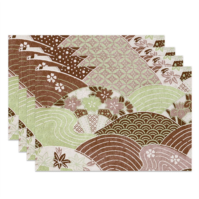 Aperturee - Green Brown Lines Flower Coins Set Of 4 Placemats