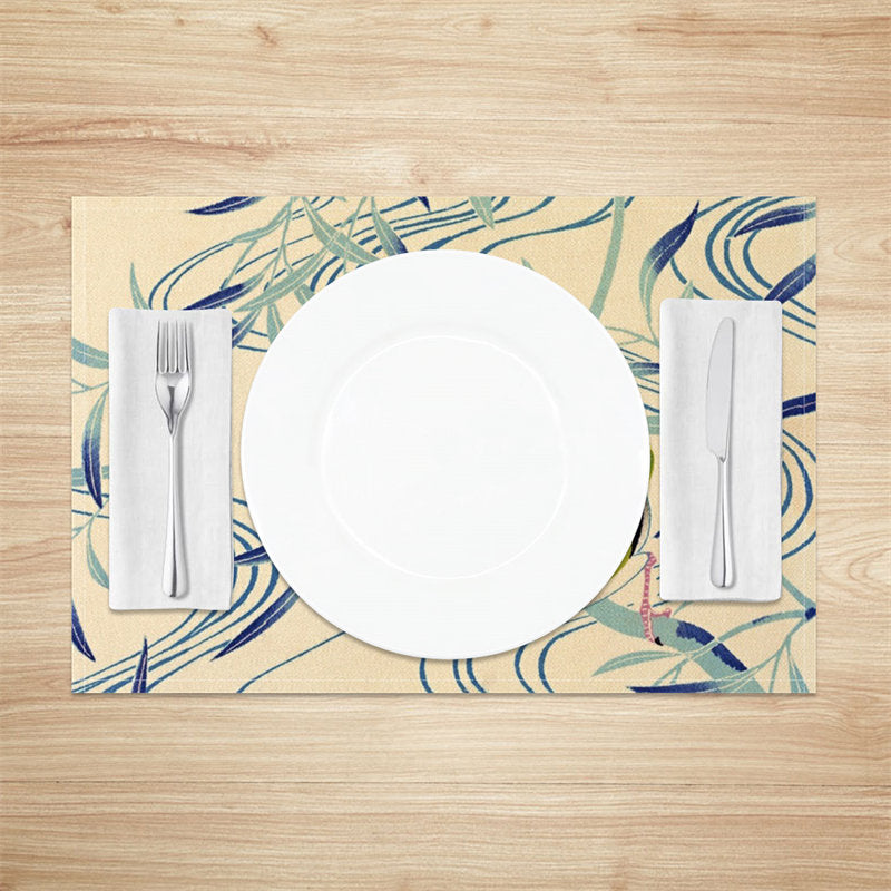 Aperturee - Oriole Cyan Leaves Lines Cloth Set Of 4 Placemats