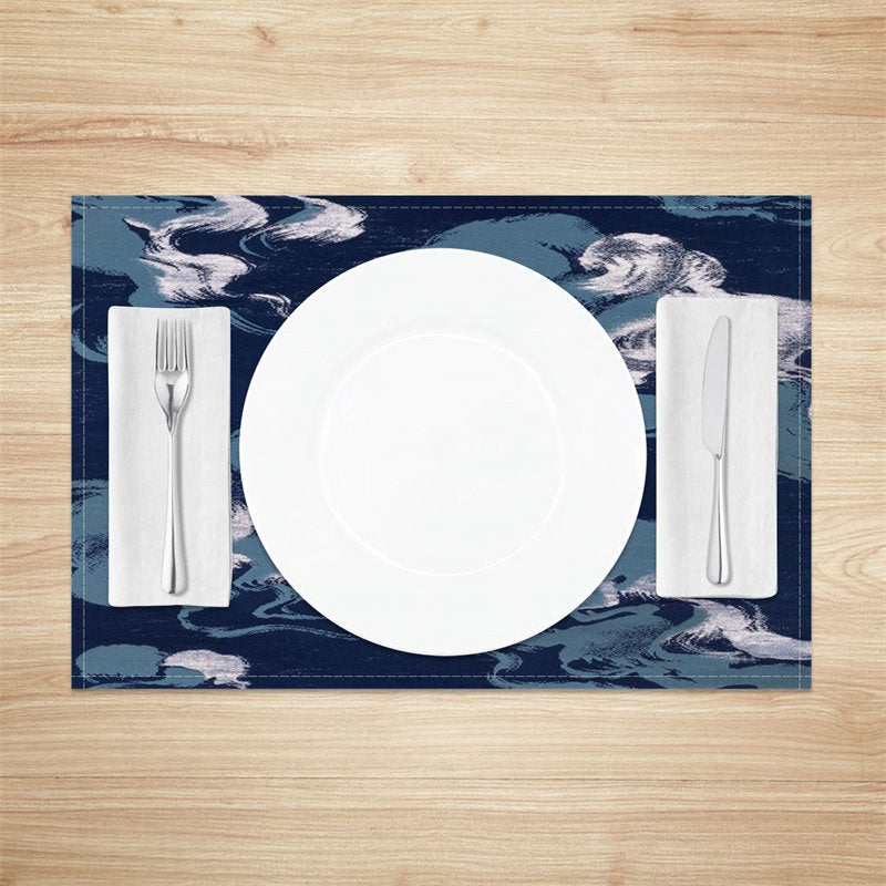 Aperturee - Blue White Abstract Prints Dining Set Of 4 Placemats