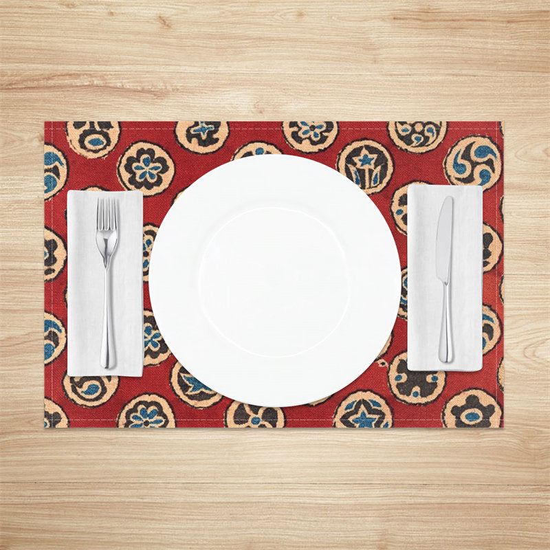 Aperturee - Red Blue Black Beige Round Prints Set Of 4 Placemats