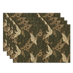 Aperturee - Brown Cranes Hexagon Repeat Retro Set Of 4 Placemats