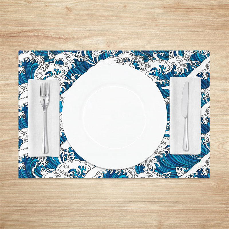 Aperturee - Sea Waves Blue And White Dining Set Of 4 Placemats