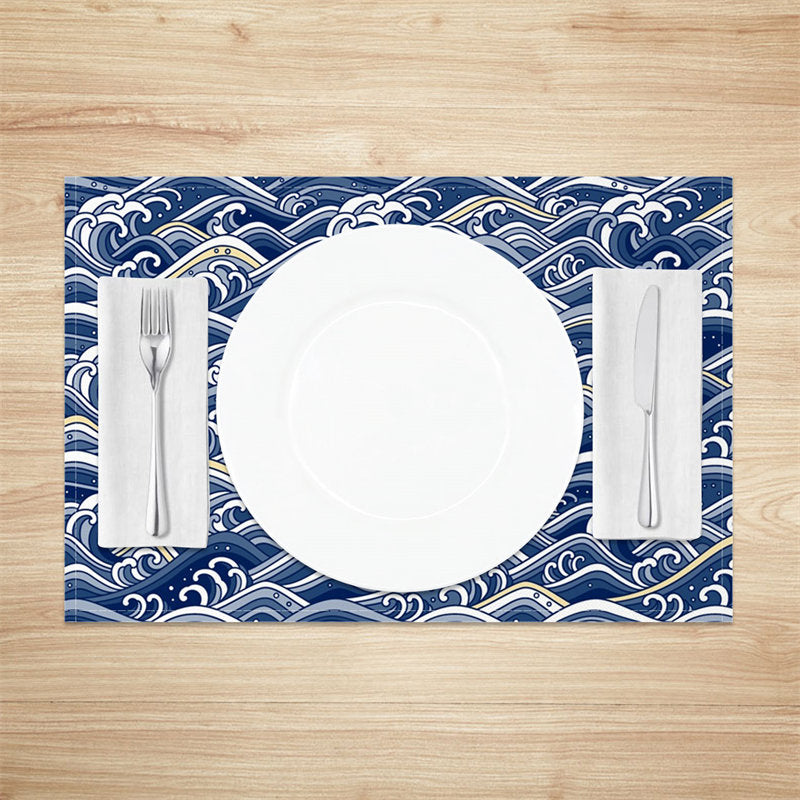 Aperturee - Blue White Yellow Waves Pattern Set Of 4 Placemats