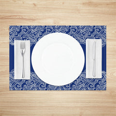 Aperturee - White Blue Waves Pattern Dining Set Of 4 Placemats