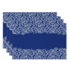 Aperturee - White Blue Waves Pattern Dining Set Of 4 Placemats