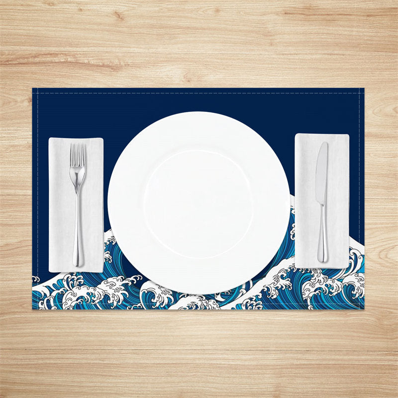 Aperturee - violent waves blue white modern set of 4 Placemats