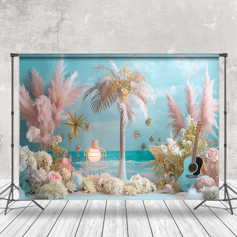 Aperturee - Beach Palm Trees Guitar Floral Cake Smash Backdrop