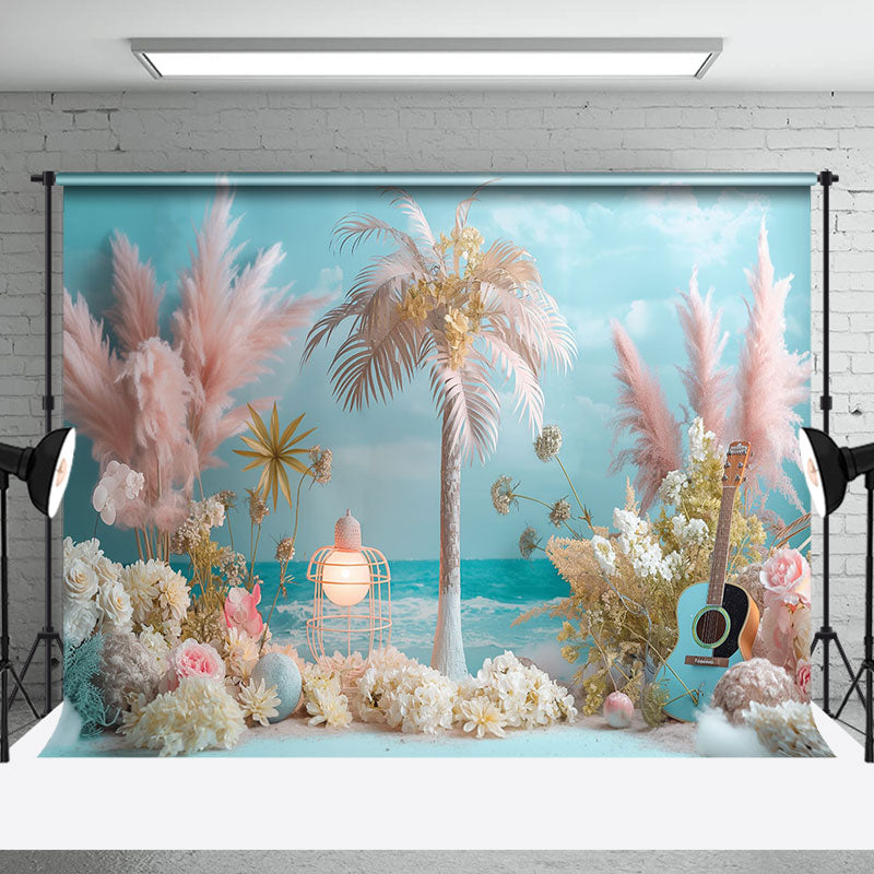 Aperturee - Beach Palm Trees Guitar Floral Cake Smash Backdrop