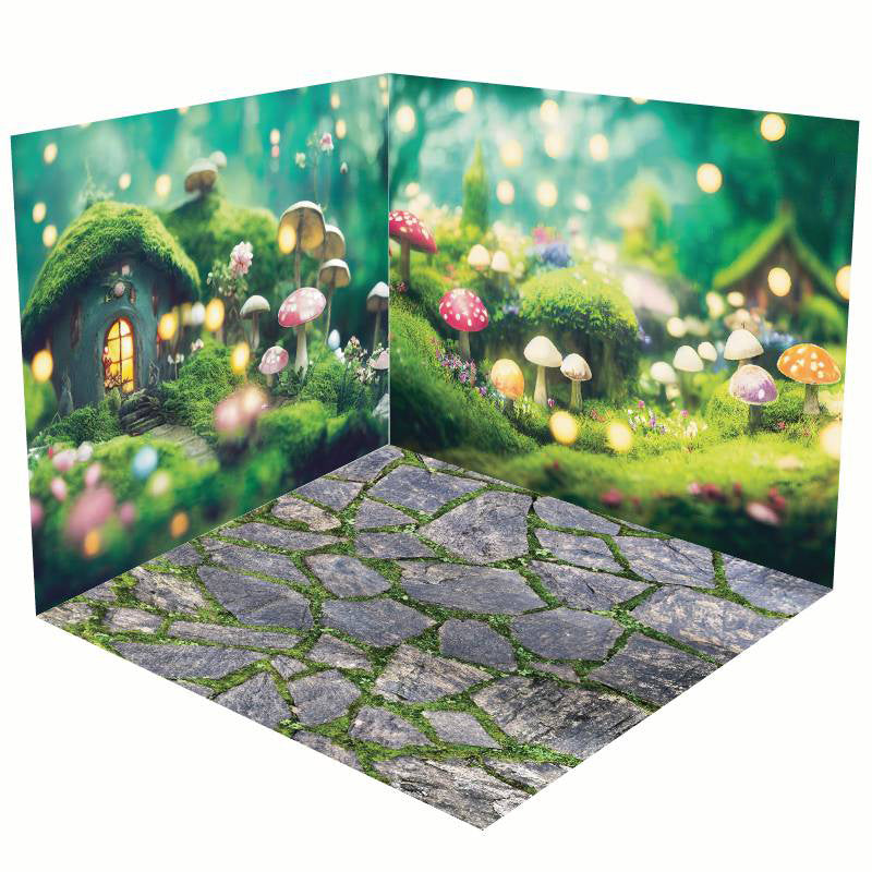 Aperturee - Aperturee Mushroom Bokeh Greenery Stone Floor Room Set Backdrop